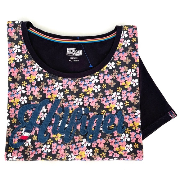 Tommy Hilfiger Denim Embroidered Logo Graphic T-Shirt Ditsy Floral Short Sleeves - Picture 8 of 13